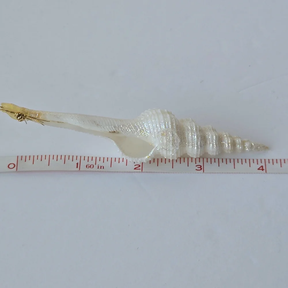 VTG 90s Shimmering Spindle Seashell Ornament White Iridescent Glitter Coastal
